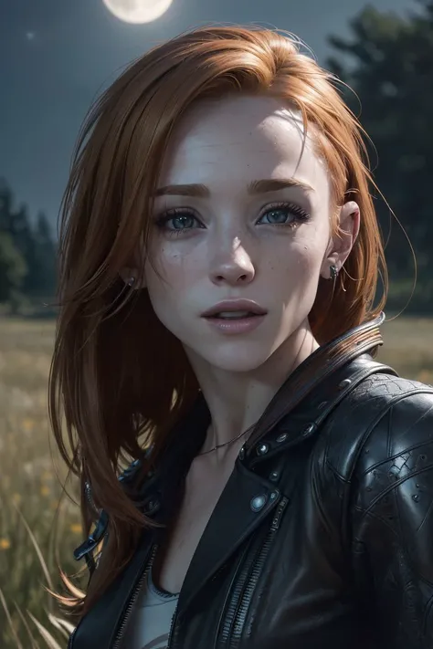 closeup headshot of S102_MadiCollins, an attractive woman, in a (field), wearing a (leather-jacket:1.2), (late-night:1.2), (full-moon), (8k, RAW photo, best quality, depth of field, ultra high res:1.2), (absurdres, intricate, photorealistic, masterpiece, ultra-detailed, Unreal Engine:1.3)