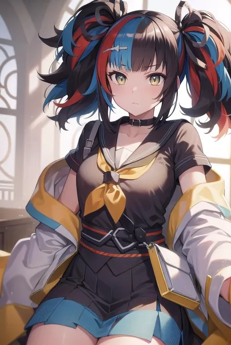 seishounagon, <lyco:seishounagon-lyco-nochekaiser:1>,
sei shounagon, aqua hair, black hair, blunt bangs, multicolored hair, red hair, twintails, (yellow eyes:1.5),
BREAK black sailor collar, black shirt, black skirt, choker, pleated skirt, puffy sleeves, sailor collar, shirt, skirt, bow, red bow,
BREAK looking at viewer,
BREAK indoors,
BREAK <lyco:GoodHands-beta2:1>, (masterpiece:1.2), best quality, high resolution, unity 8k wallpaper, (illustration:0.8), (beautiful detailed eyes:1.6), extremely detailed face, perfect lighting, extremely detailed CG, (perfect hands, perfect anatomy),