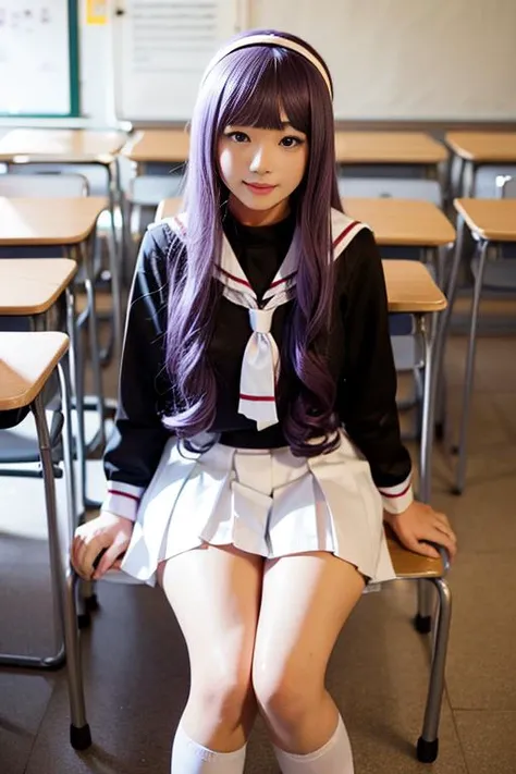 ultra-detailed,highly detailed,best quality,masterpiece,illustration,realistic,
daidouji tomoyo, tomoeda elementary school uniform, 1girl, solo, cosplay,
hairband, sailor collar, serafuku, long sleeves, neckerchief, pleated skirt, bobby socks,mary janes,
purple eyes, purple hair, long hair, bangs,
photo background, indoors, classroom,
looking at viewer,v arms,
<lora:daidouji tomoyo_xx_v1_06:0.7>