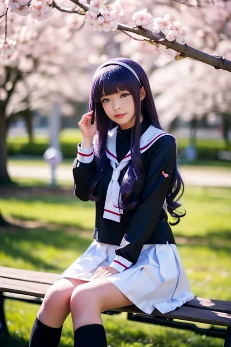 ultra-detailed,highly detailed,best quality,masterpiece,illustration,realistic,
daidouji tomoyo, tomoeda elementary school uniform, 1girl, solo, cosplay,
hairband, sailor collar, serafuku, long sleeves, neckerchief, pleated skirt, bobby socks,mary janes,
purple eyes, purple hair, long hair, bangs,
outdoors, photo background, cherry blossoms, day, tree, blurry background, grass, depth of field, flower, spring \(season\), petals, falling petals,
looking at viewer,adjusting hair, sitting on bench,
<lora:daidouji tomoyo_xx_v1_06:0.7>