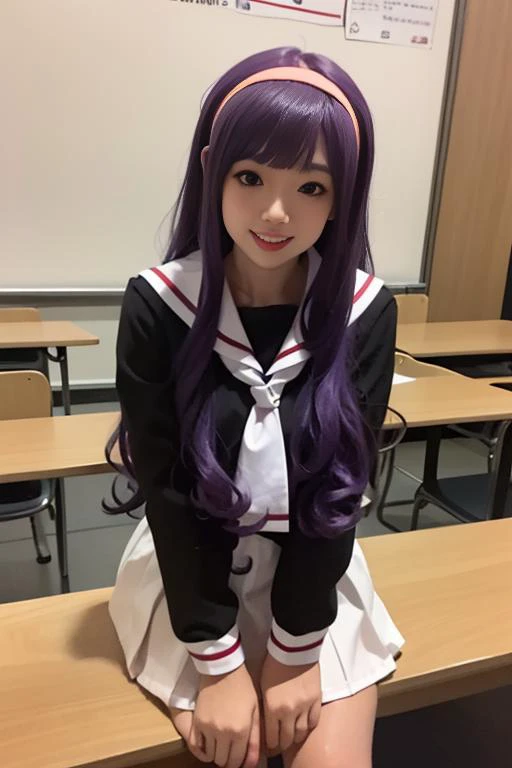 ultra-detailed,highly detailed,best quality,masterpiece,illustration,realistic,
daidouji tomoyo, tomoeda elementary school uniform, 1girl, solo, cosplay,
hairband, sailor collar, serafuku, long sleeves, neckerchief, pleated skirt, bobby socks,mary janes,
purple eyes, purple hair, long hair, bangs,
photo background, indoors, library,
looking at viewer,v arms,
<lora:daidouji tomoyo_xx_v1_06:0.7>