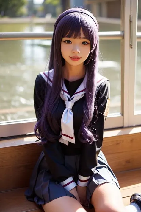 ultra-detailed,highly detailed,best quality,masterpiece,illustration,realistic,
daidouji tomoyo, tomoeda elementary school uniform, 1girl, solo, cosplay,
sailor hat,hairband, sailor collar, serafuku, long sleeves, neckerchief, pleated skirt, bobby socks,mary janes,
purple eyes, purple hair, long hair, bangs,
outdoors, photo background, cherry blossoms, day, tree, blurry background, grass, depth of field, flower, spring \(season\), petals, falling petals,
looking at viewer,adjusting hair, sitting on bench,
<lora:daidouji tomoyo_xx_v1_06:0.7>