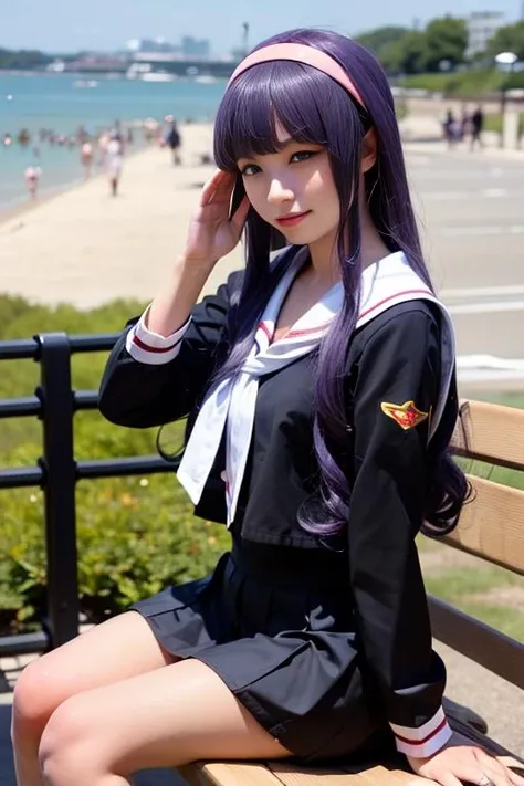 ultra-detailed,highly detailed,best quality,masterpiece,illustration,realistic,
daidouji tomoyo, tomoeda elementary school uniform, 1girl, solo, cosplay,
hairband, sailor collar, serafuku, long sleeves, neckerchief, pleated skirt, bobby socks,mary janes,
purple eyes, purple hair, long hair, bangs,
outdoors, photo background, beach,sea,waving, skyline,
looking at viewer,adjusting hair, sitting on bench,
<lora:daidouji tomoyo_xx_v1_06:0.7>
