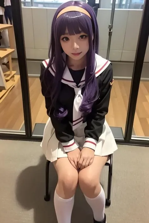 ultra-detailed,highly detailed,best quality,masterpiece,illustration,realistic,
daidouji tomoyo, tomoeda elementary school uniform, 1girl, solo, cosplay,
hairband, sailor collar, serafuku, long sleeves, neckerchief, pleated skirt, bobby socks,mary janes,
purple eyes, purple hair, long hair, bangs,
photo background, indoors, aquarium,
looking at viewer,v arms,
<lora:daidouji tomoyo_xx_v1_06:0.7>