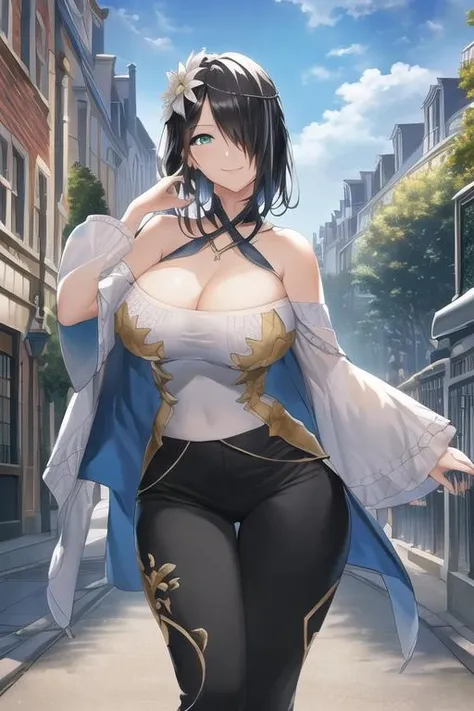 ((masterpiece)), ((best quality)), (ultra-detailed), absurdres, extremely detailed CG unity 8k wallpaper, Official Art, Accurate describe shapes, beautiful face, detailed hands, expressive eyes, looking at viewer, solo, (realistic), close-up, (standing, arm at side, seductive smile:1.2), (outdoors, dramatic light, scenery, illustration:1.1), (1girl, large breasts, wide hips, black hair, very long hair, hair over one eye, green eyes:1.4), (off-shoulder shirt, bare shoulders, long sleeves, detached sleeves, pants:1.3), ((masterpiece)), absurdres, HDR,vivian (epic seven) <lora:Vivian-10:0.7> <lora:epi_noiseoffset2:0.7> <lora:GoodHands-beta2:1>
