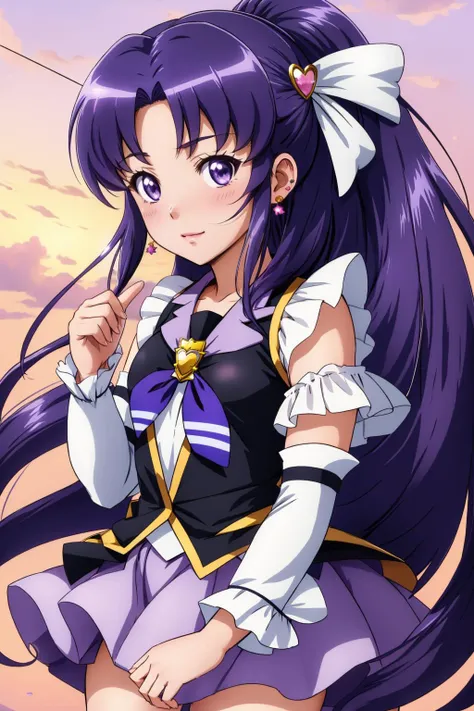 <lora:CureFortune:1> hikawaIona, cureFortune, long hair, wide ponytail, hair ornament, heart brooch, vest, purple skirt, arm warmers, earrings, white thighhighs, hearts, blowing kiss, pink sky,
