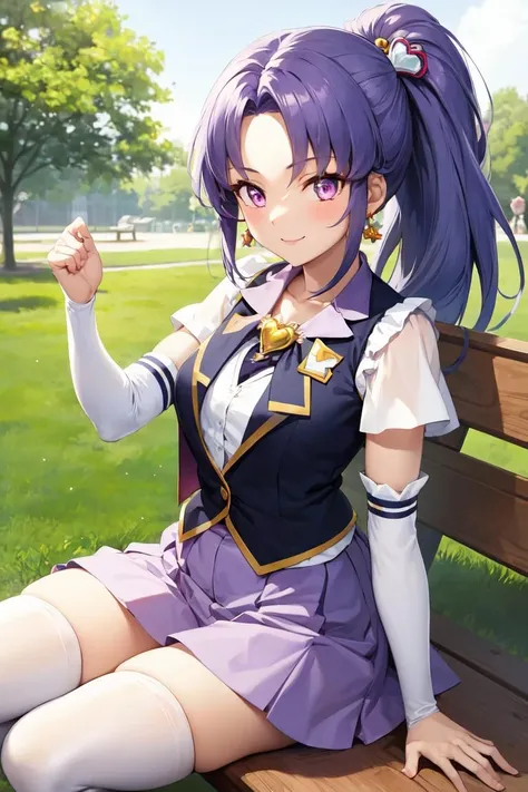 masterpiece, best quality, absurdres, perfect anatomy, 1girl, solo, cureFortune, long hair, wide ponytail, hair ornament, heart brooch, vest, purple skirt, arm warmers, earrings, white thighhighs, glowing eyes, happy, smile, sparkles, sitting, outdoors, bench, park scene, <lora:CureFortune:0.8>