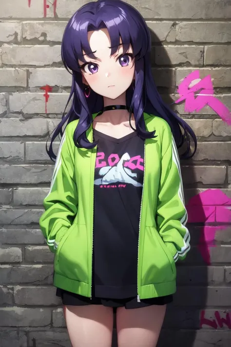 masterpiece, best quality, absurdres, perfect anatomy, 1girl, solo, hikawaIona, long hair, earrings, choker, neon shirt, open jacket, turtleneck sweater, night, against wall, brick wall, graffiti, dim lighting, alley, looking at viewer, <lora:CureFortune:0.9>