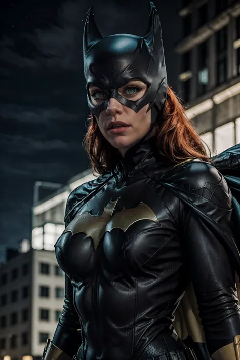 masterpiece, best quality, 1girl, batgirl, close up, realistic, dirty, bruise, green eyes, mask, bodysuit, red hair, lips, long hair, solo, dark <lora:Batgirl:1><lora:locon_katee_v1_from_v1_64_32:0.3> <lora:jujunaughtStyleLora_v10:0.7> donaught , jujunaught Batgirl:0.7> Embrace the thrilling world of Gotham as Katee Sackhoff takes on the iconic role of Batgirl, donned in a suit that perfectly complements her agile and dynamic persona. The sleek and modern Batgirl outfit enhances her every move, while her portrayal captures the essence of the character's determination. Katee embodies Batgirl's strength and intelligence, creating a masterpiece that combines the best quality with a perfect face, giving Gotham's guardian a new and empowering presence. <lora:add_detail:0.7>