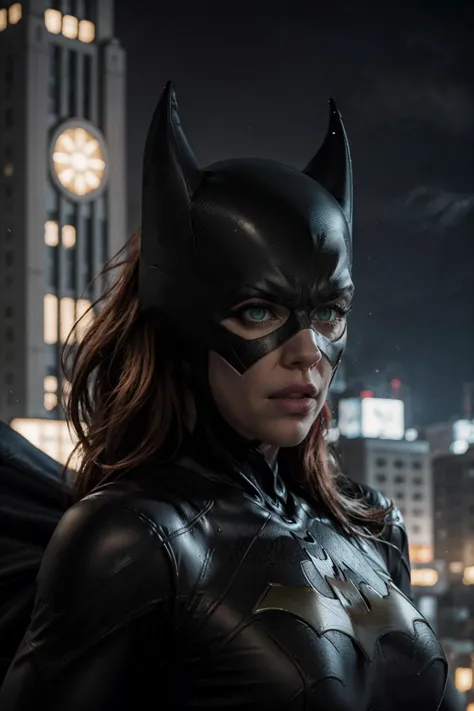 masterpiece, best quality, 1girl, batgirl, close up, realistic, dirty, bruise, green eyes, mask, bodysuit, red hair, lips, long hair, solo, dark <lora:Batgirl:1><lora:locon_katee_v1_from_v1_64_32:0.3> <lora:jujunaughtStyleLora_v10:0.7> donaught , jujunaught Batgirl:0.7> Embrace the thrilling world of Gotham as Katee Sackhoff takes on the iconic role of Batgirl, donned in a suit that perfectly complements her agile and dynamic persona. The sleek and modern Batgirl outfit enhances her every move, while her portrayal captures the essence of the character's determination. Katee embodies Batgirl's strength and intelligence, creating a masterpiece that combines the best quality with a perfect face, giving Gotham's guardian a new and empowering presence. <lora:add_detail:0.7>