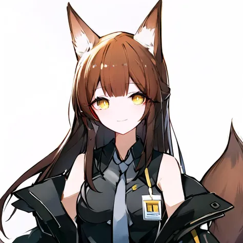(high quality, high resolution:1.3), 4k, masterpiece,
BREAK
1girl, <lora:Franka:0.85>, Franka, 1girl, animal ears, upper body, fox ears, brown hair, tail, yellow eyes, necktie, shirt, sleeveless shirt, grey necktie, off shoulder, jacket, smile, standing, id card, fox shadow puppet, simple background, white background, <lora:quan_style:1:1:lbw=OUTALL> <lora:NoiseOffset_v2:1.0><lora:NoiseOffset_v2:1.0>