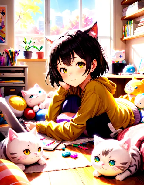 highres,best quality,
image type of illustration:Shirakami Fubuki, the popular virtual YouTuber, happily lounging in a cozy room surrounded by plushies, with a sunny window casting warm light on a desk cluttered with art supplies and a playful kitten napping nearby.