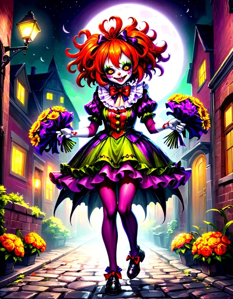 highres,best quality,
Illustration of a frilly murder clown, Tarantula, with a mischievous smile and colorful frilly outfit, holding a bouquet of sinister-looking flowers in one hand and a small, glowing dagger in the other, standing on a cobblestone street under the moonlight, surrounded by a mixture of fear and fascination in the eyes of onlookers