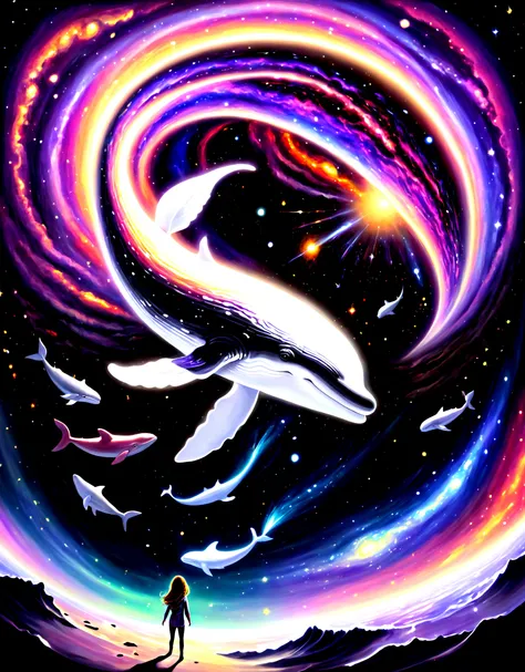 highres,best quality,
In the vast expanse of stardust trails,
Celestial secrets whispered through the void.
Galaxies hum their ancient melodies,
And nebulae weave cosmic tapestries.
White whales glide, their tails like comet trails,
Guiding us toward constellations unknown.
Black whales, shadows in the cosmic sea,
Guarding mysteries deeper than infinity.