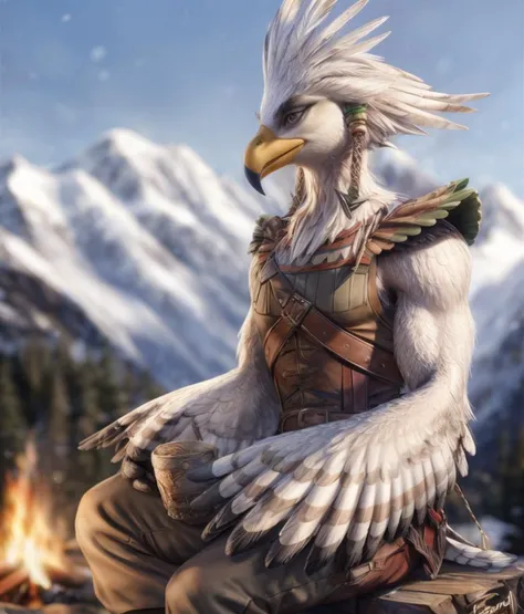 fantasy art, teba (tloz), avian, bird, rito, feathers, white body, winged arms, white feathers, muscular, clothing, pants, smile, sitting on campfire, snow background, by personalami, by tojo the thief, photorealistic, elegant, realistic, masterpiece, 4k, sharp focus  <lora:TebaFRL27nO:1> <lora:add_detail:1>