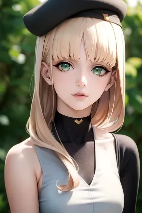 (best quality:1.1), (masterpiece:1.4), wallpaper, looking at viewer, upper body, , , (realistic:1.4), 1girl, solo, <lora:ciel_synduality_noir:0.94>, ciel_synduality_noir, blonde hair, green eyes, , bangs, , cap, ,