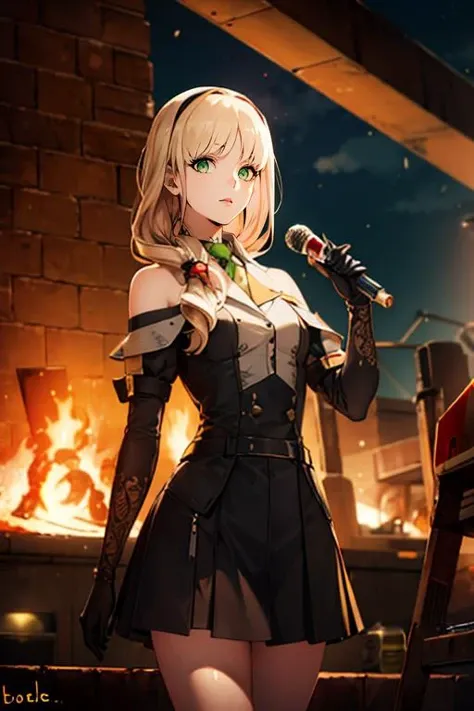 photorealistic, (4k), depth of field, (Masterpiece), (realistic skin texture), extremely detailed, intricate, hyper detailed, high resolution, professional photography, bokeh, depth of field, sharp detail, best quality, looking at viewer, 1girl, solo, <lora:ciel_synduality_noir:0.94>, ciel_synduality_noir, blonde hair, green eyes, long hair, , skirt, , science fiction steam punk, HDR