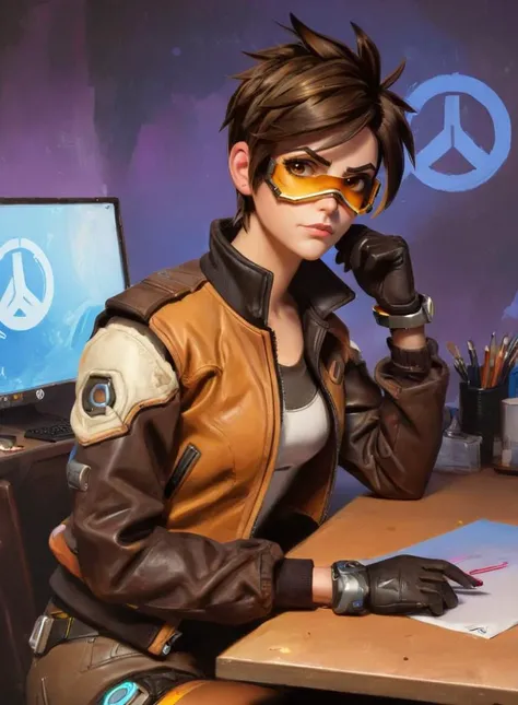 ((jbstearns style)) painting, of Tracer from overwatch, leather bomber jacket, sitting at a desk <lora:Junius_Brutus_Stearns_Style:1>