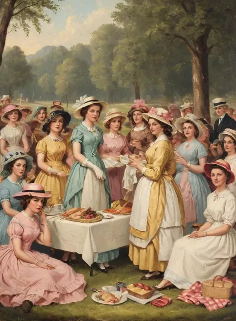 ((jbstearns style)) an outdoor church picnic, women wearing fancy dress, hat <lora:Junius_Brutus_Stearns_Style:0.7>