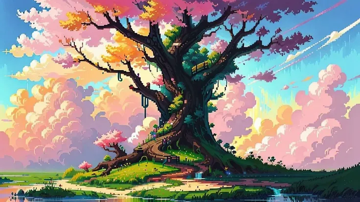 beautiful cherry blossom tree,8k,trending,highly detailed hyper realistic,dreamlikeart tree of live,grass,waterfalls,sky,floating island,fantasy,landscape,full tree,<lora:pixelart:1>,
