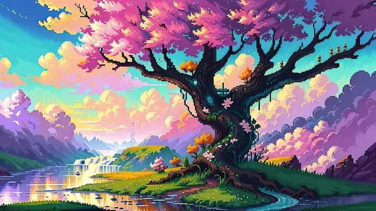 beautiful cherry blossom tree,8k,trending,highly detailed hyper realistic,dreamlikeart tree of live,grass,waterfalls,sky,floating island,fantasy,landscape,full tree,<lora:pixelart:1>,
