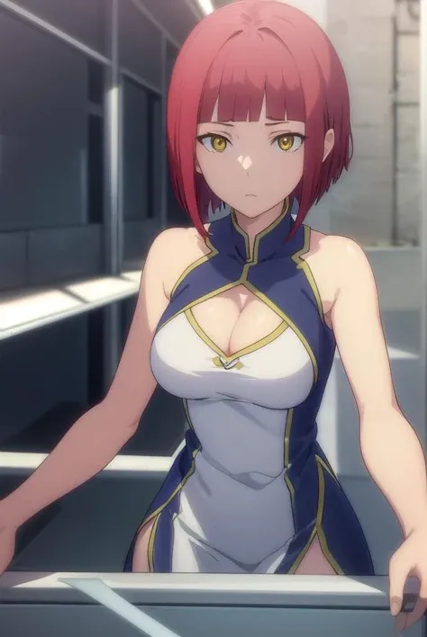zakurokurumaki, <lora:zakuro kurumaki hnu-lora-nochekaiser:1>,
zakuro kurumaki, short hair, bangs, (yellow eyes:1.3), red hair, bob cut,
BREAK dress, cleavage, sleeveless, clothing cutout, sleeveless dress, chinese clothes, cleavage cutout, china dress, side slit,
BREAK outdoors, city, sun, clouds,
BREAK looking at viewer, (cowboy shot:1.5),
BREAK <lyco:GoodHands-beta2:1>, (masterpiece:1.2), best quality, high resolution, unity 8k wallpaper, (illustration:0.8), (beautiful detailed eyes:1.6), extremely detailed face, perfect lighting, extremely detailed CG, (perfect hands, perfect anatomy),