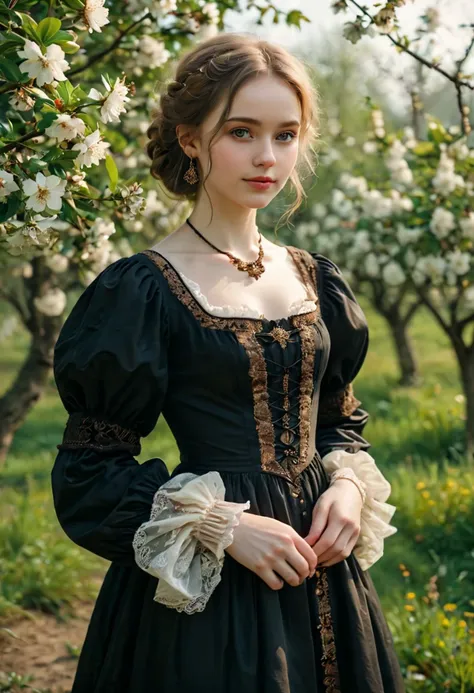 (medium full shot) of (graceful young woman from the renaissance era), russian, pale skin, light brown eyes, slim build, extra long hazel bob hair, wearing a midnight black peasant dress with rich fabric, leather boots, ornate brooch, set in the renaissance era, in  an orchard, with fruit trees laden with blossoms, a soft breeze rustling the leaves, woman smiling, ,Masterpiece,best quality, photo, realistic, very aesthetic, detailed face,