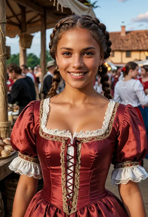 (medium full shot) of (dignified young woman from the renaissance era), brazilian, tan skin, brown eyes, lithe build, short dark double braids hair, wearing a deep red satin gown with embroidered details, lace-up shoes, beaded girdle, set in the renaissance era, in  a harvest festival, with games, dancing, food stalls, villagers celebrating the season's bounty , during sunset, woman smiling, ,Masterpiece,best quality, photo, realistic, very aesthetic, detailed face,