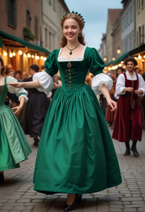 (medium full shot) of (graceful young woman from the renaissance era), __cf-renaissance/ethnicity__, wearing a emerald green slashed sleeves, petticoat, heeled shoes, ornate brooch, set in the renaissance era, in  a street fair, with jugglers, minstrels, performers entertaining the crowd, children running around, at night, woman smiling, Masterpiece,best quality, photo, realistic, very aesthetic, detailed face,