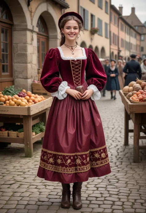 (medium full shot) of (elegant young woman from the renaissance era), __cf-renaissance/ethnicity__, wearing a burgundy puffed sleeves, embroidered underskirt, leather boots, ornate brooch, set in the renaissance era, in  a quaint village square, with cobblestone streets, market stalls, villagers going about their day, woman smiling, Masterpiece,best quality, photo, realistic, very aesthetic, detailed face,