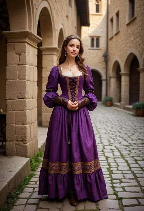 (medium full shot) of (poised young woman from the renaissance era), __cf-renaissance/ethnicity__, wearing a rich purple peasant dress with rich fabric, leather boots, silk gloves, set in the renaissance era, in  a medieval courtyard, surrounded by high stone walls, with knights practicing and courtiers strolling, during sunset, woman smiling, Masterpiece,best quality, photo, realistic, very aesthetic, detailed face,