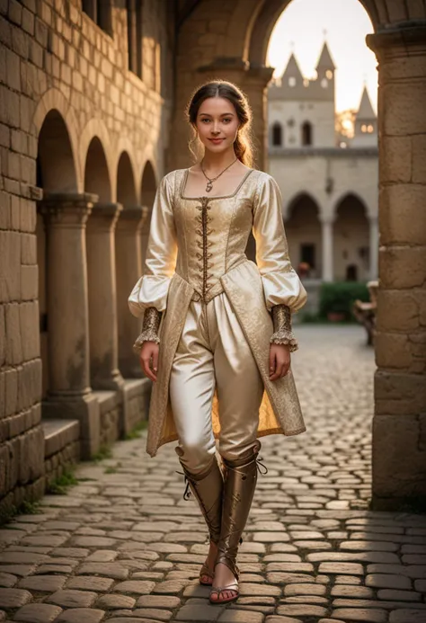 (medium full shot) of (poised young woman from the renaissance era), __cf-renaissance/ethnicity__, wearing a ivory brocade tunic, silk breeches, silk sandals, embroidered gloves, set in the renaissance era, in  a medieval courtyard, surrounded by high stone walls, with knights practicing and courtiers strolling, during sunset, woman smiling, Masterpiece,best quality, photo, realistic, very aesthetic, detailed face,