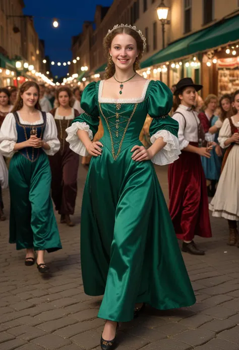 (medium full shot) of (sophisticated young woman from the renaissance era), __cf-renaissance/ethnicity__, wearing a emerald green satin gown with lace trim, buckle shoes, beaded girdle, set in the renaissance era, in  a street fair, with jugglers, minstrels, performers entertaining the crowd, children running around, at night, woman smiling, Masterpiece,best quality, photo, realistic, very aesthetic, detailed face,