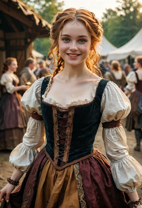 (medium full shot) of (majestic young woman from the renaissance era), american, pale skin, hazel eyes, lithe build, extra long ginger messy bun hair, wearing a brown velvet bodice, floor-length skirt, leather boots, lace gloves, set in the renaissance era, in  a harvest festival, with games, dancing, food stalls, villagers celebrating the season's bounty , during sunset, woman smiling, ,Masterpiece,best quality, photo, realistic, very aesthetic, detailed face,