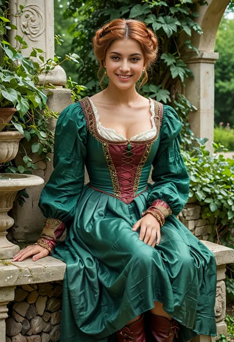 (medium full shot) of (dignified young woman from the renaissance era), persian, tan skin, light brown eyes, slim build, medium red updo hair, wearing a emerald green peasant dress with layered skirts, leather boots, beaded girdle, set in the renaissance era, in  a secluded garden nook, with a stone bench, overgrown vines, a small fountain, birds singing in the background, woman smiling, ,Masterpiece,best quality, photo, realistic, very aesthetic, detailed face,