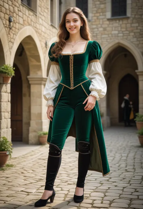 (medium full shot) of (refined young woman from the renaissance era), __cf-renaissance/ethnicity__, wearing a emerald green fitted doublet, velvet breeches, silk sandals, beaded girdle, set in the renaissance era, in  a medieval courtyard, surrounded by high stone walls, with knights practicing and courtiers strolling, woman smiling, Masterpiece,best quality, photo, realistic, very aesthetic, detailed face,