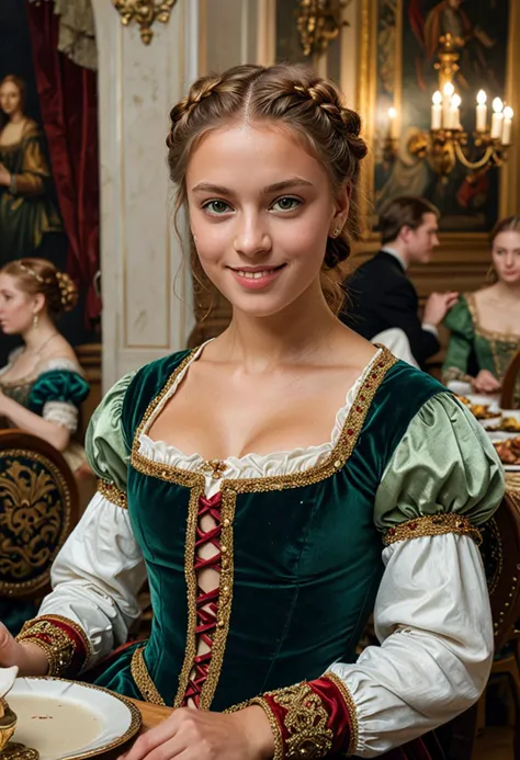 (medium full shot) of (regal young woman from the renaissance era), russian, tan skin, jade green eyes, normal build, short red french braid hair, wearing a gold velvet bodice, silk breeches, plain flats, beaded girdle, set in the renaissance era, in  a grand banquet hall, with long wooden tables, rich tapestries, musicians playing lutes, guests feasting, at night, woman smiling, ,Masterpiece,best quality, photo, realistic, very aesthetic, detailed face,