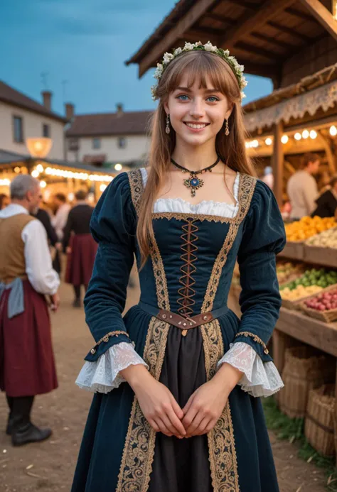 masterpiece, reality, 4k, (medium full shot) of (noble young woman from the renaissance era), brazilian, tan skin, light Blue eyes, slender build, long hazel bangs hair, wearing a midnight black kirtle with brocade detailing, leather boots, ornate brooch, set in the renaissance era, in a harvest festival, with games, dancing, food stalls, villagers celebrating the season's bounty , at night, woman smiling