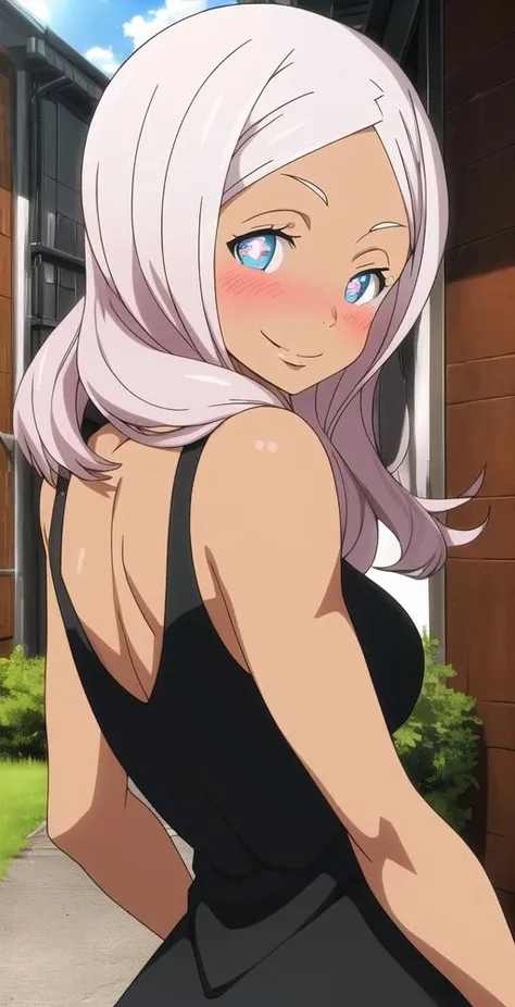 Hibana, 1girl, solo, upper body, looking at viewer, smile, blush, perfect quality, good quality, masterpiece, HDR, UHD huge breasts, large breasts, giant breasts, big breasts, cleavage, on bed, sitting on bed, in room, lot of cleavage, full frame photo, upper shot, head in frame, shy smile, hands behind back, black bra, Giant breasts