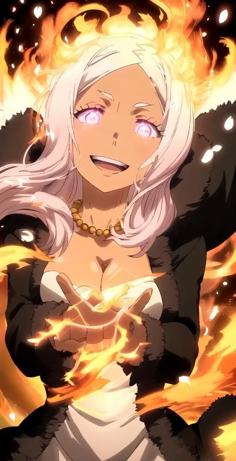 Hibana, 1girl, solo, upper body, portrait, glowing eyes, crazy smile, big smile, looking at viewer, white dress, necklace, cleavage, (black fur edge, black coat), ((orange flames, pink sakura petals floating, orange flames spinning)), perfect quality, good quality, masterpiece, HDR, UHD <lora:Hibana (2):0.8>