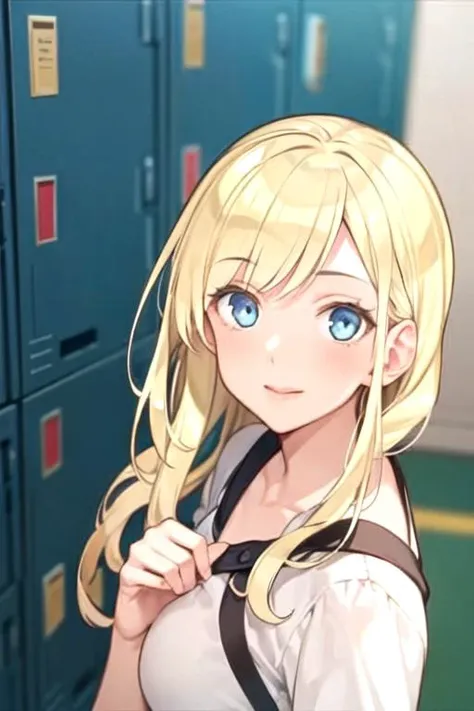 masterpiece, best quality, photorealistic, 1girl, solo, looking at viewer, upper body, , , , <lora:chiko_shinmoto:0.68>, chiko_shinmoto, blonde hair, blue eyes, , locker room,