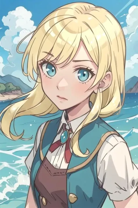 masterpiece, best quality, sketch, 1girl, solo, looking at viewer, upper body, depth of field, , , <lora:chiko_shinmoto:0.68>, chiko_shinmoto, blonde hair, aqua eyes, irish costume, neverland: A lost island where children can stay forever young, HDR