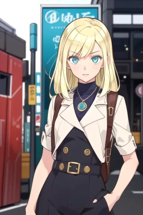 masterpiece, best quality, , 1girl, solo, looking at viewer, , depth of field, ligne claire, realistic, <lora:chiko_shinmoto:0.74>, chiko_shinmoto, blonde hair, aqua eyes, dalmatian costume, science fiction detective,