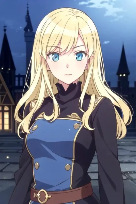 masterpiece, best quality, , 1girl, solo, looking at viewer, , depth of field, anime coloring, realistic, <lora:chiko_shinmoto:0.70>, chiko_shinmoto, blonde hair, aqua eyes, palace guard costume, A dark, foreboding castle where a wicked queen reigns,
