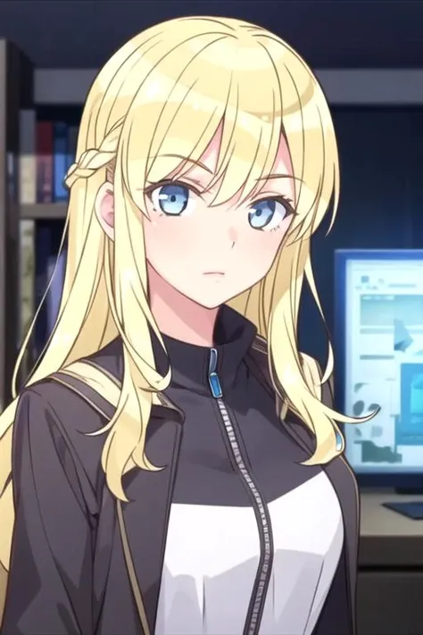 masterpiece, best quality, illustration, 1girl, solo, looking at viewer, upper body, depth of field, , , <lora:chiko_shinmoto:0.72>, chiko_shinmoto, blonde hair, blue eyes, , science fiction hard science fiction, HD