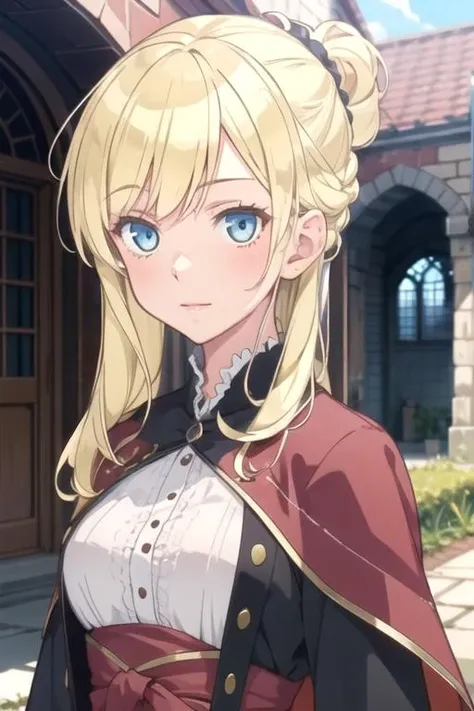 masterpiece, best quality, game cg, 1girl, solo, looking at viewer, upper body, , , , <lora:chiko_shinmoto:0.68>, chiko_shinmoto, blonde hair, blue eyes, medieval costume, grimdark, HD-DVD