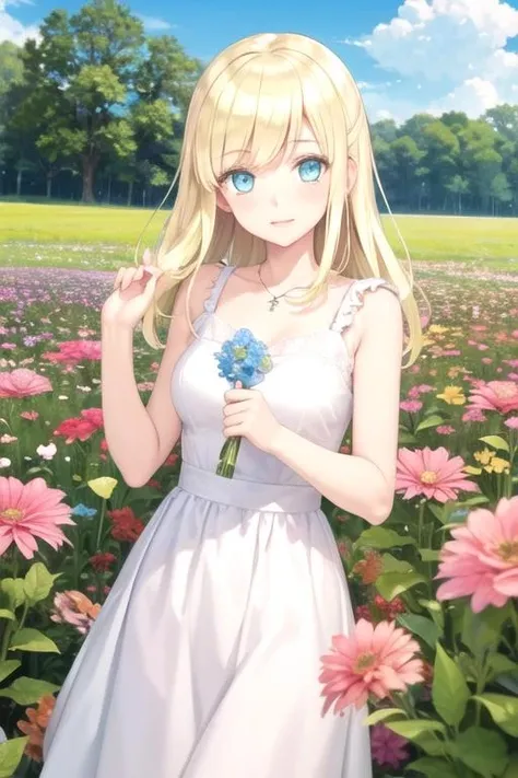 masterpiece, best quality, illustration, 1girl, solo, looking at viewer, , , anime coloring, , <lora:chiko_shinmoto:0.74>, chiko_shinmoto, blonde hair, aqua eyes, , , field of flowers, 4k resolution