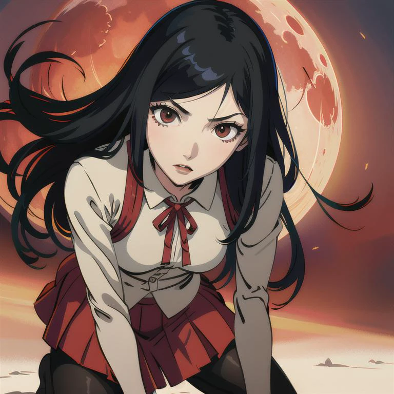 (masterpiece), 1girl, kurihara mari, pasture, void, red sky, giant eye at sky, red moon, leather dress, kneeling, neck ribbon, pantyhose <lora:KuriharaMariV2_3:1>