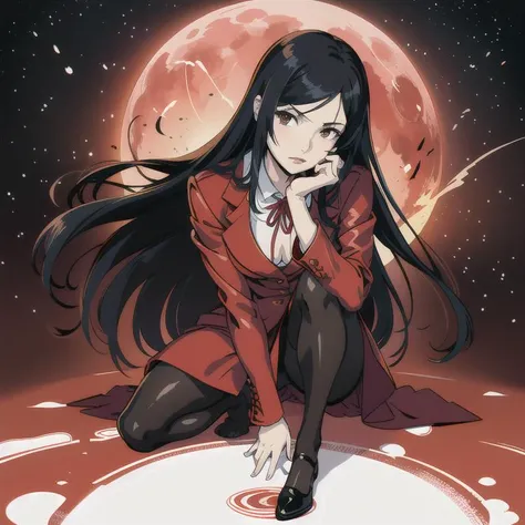 (masterpiece), 1girl, kurihara mari, pasture, void, red sky, giant eye at sky, red moon, leather dress, kneeling, neck ribbon, pantyhose <lora:KuriharaMariV2_3:1>