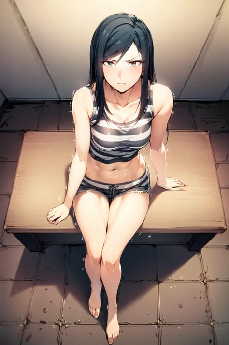 ((masterpiece,best quality, detailed)), hard rim lighting, (dramatic lighting),sharp focus, looking at viewer, ambient light,
<lora:KuriharaMariV1:0.8>, kurihara mari \(prison school\), striped, striped shirt, striped shorts, midriff,
prison, indoors, sitting, frown, barefoot, dark, bench, from above, sleeveless